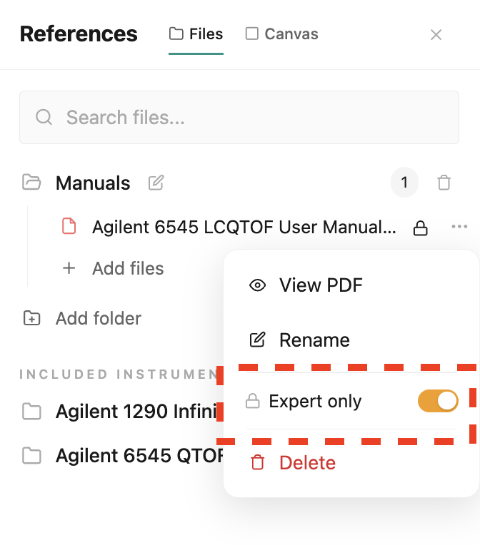Rayni access control interface showing Expert Only toggle on a document