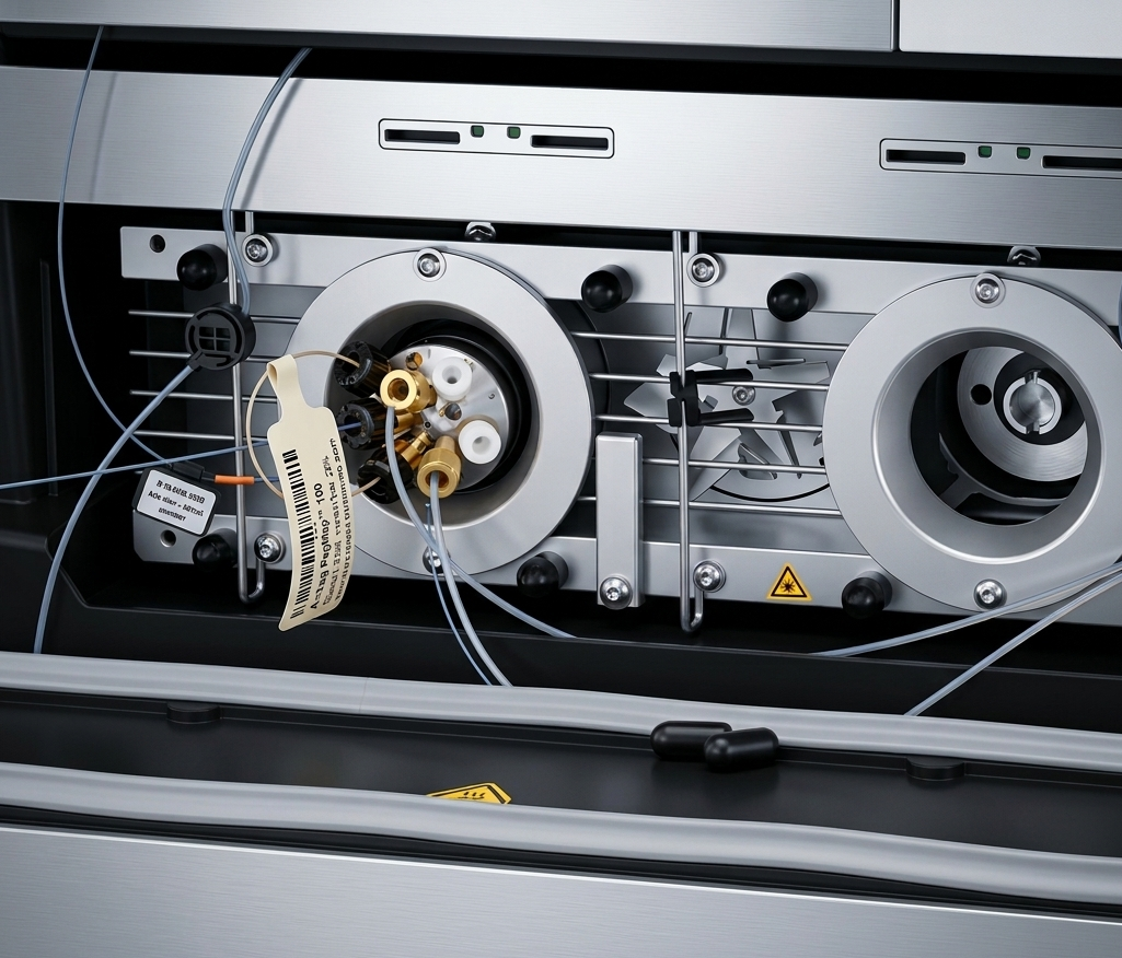 Reference photo of an instrument component with a part tag attached